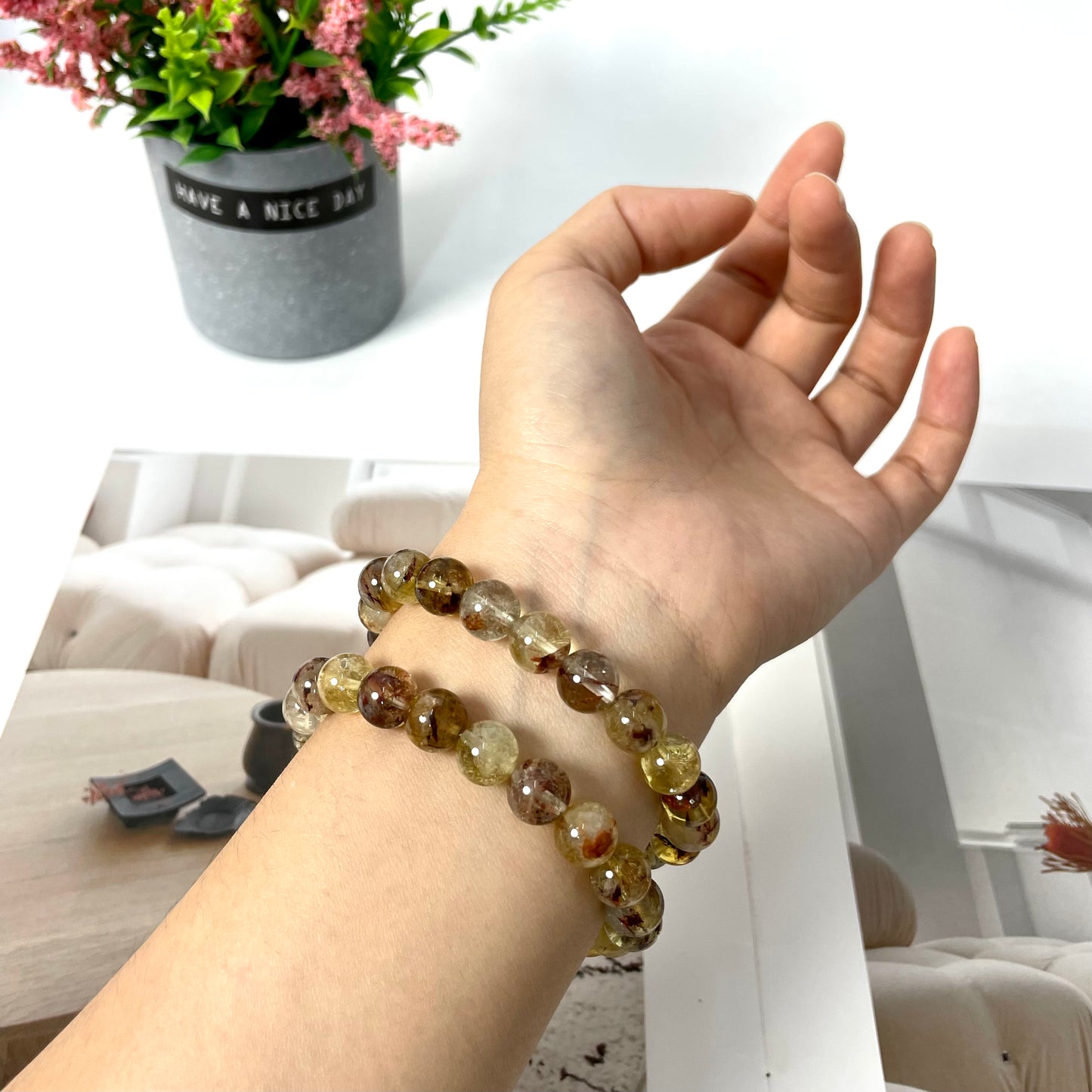 3 Counts Golden Ghost Crystal Garden Quartz Bracelets 9mm Natural Crystals Healing Crystals Bracelet for Women and Men Teens Crystal Jewelry Shop Pretty Crystals From IG Crystal
