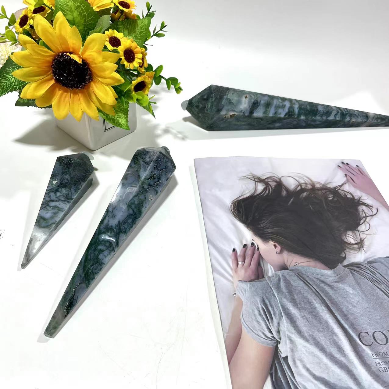 Moss Agate Crystal Wand Natural Stone Gem Mining Chakra Balancing Reiki Healing Crystal Mystery Crystal Display Crystal Shopping Online Home Office Decor From IG Crystal