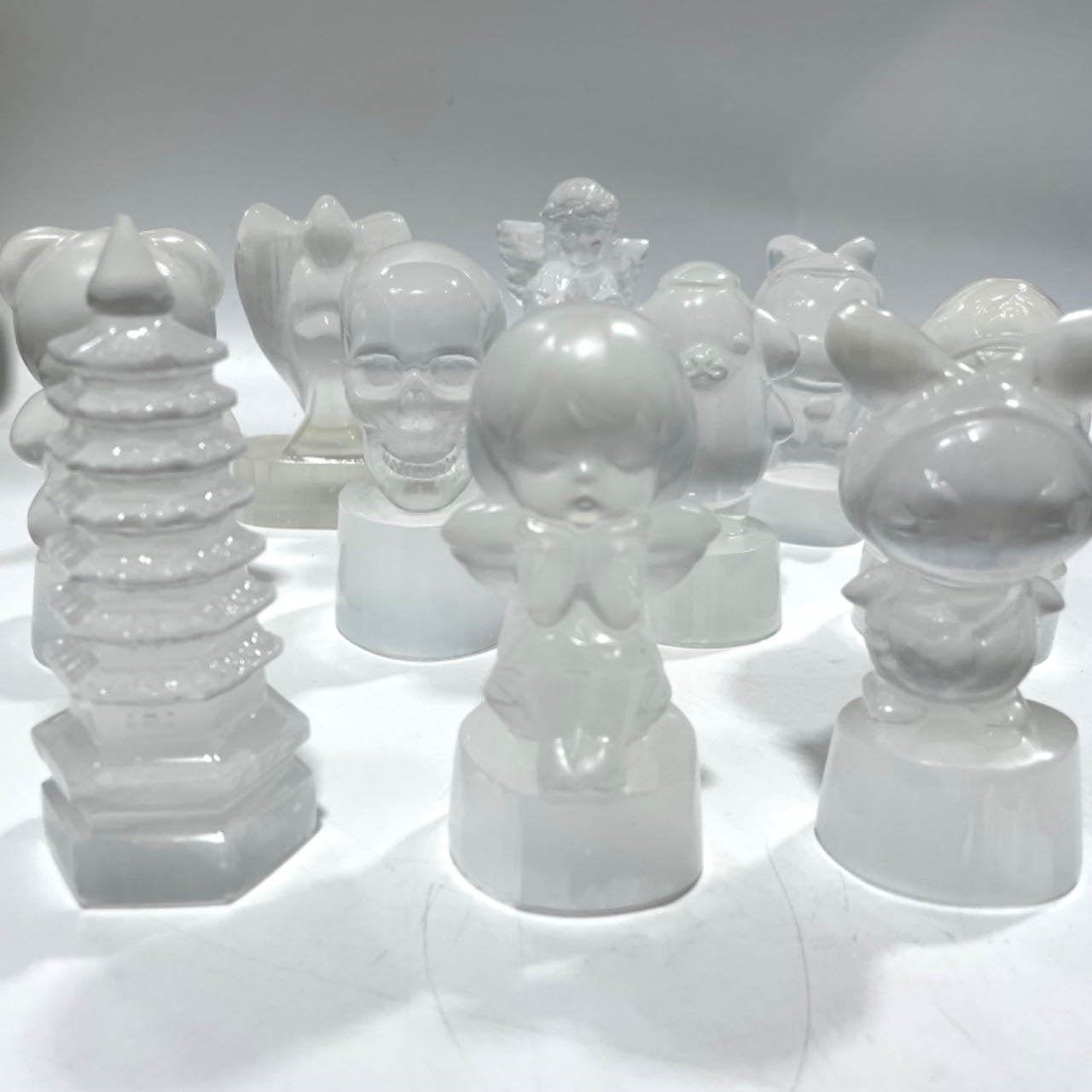 1 Count 10CM Selenite Snowman Christmas Tree Tower Bear Flower Fairy Angel Skull Crystal Natural Gemstone Semi Precious Healing Crystals Enhance Positive Energy Home Decoration From IG Crystal