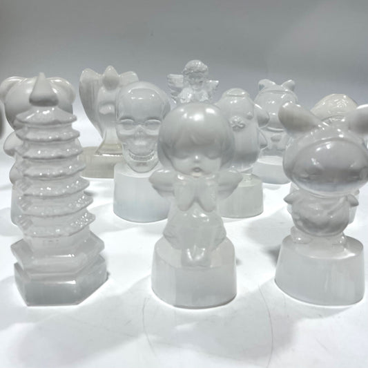1 Count 10CM Selenite Snowman Christmas Tree Tower Bear Flower Fairy Angel Skull Crystal Natural Gemstone Semi Precious Healing Crystals Enhance Positive Energy Home Decoration From IG Crystal