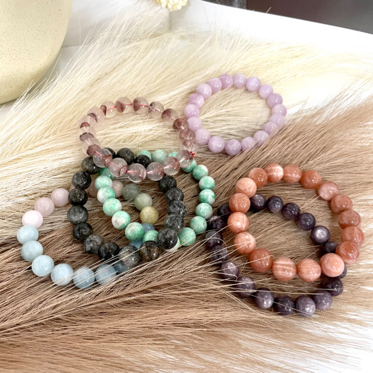2 / 7PCS Crystal Bracelets Set Lasionite Purple Mica Morganite Black Rutile  Red Pyramid Kunzite Sunstone From IG Crystal